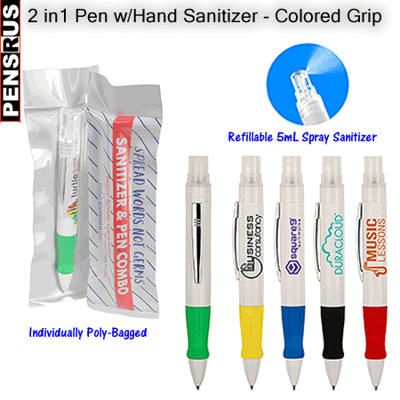 2 in 1 Pen with Hand Sanitizer - Colored Grip